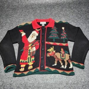 Epoch Womens Christmas Cardigan Sweater Santa Reindeer S Crop Cable Knitted Ugly